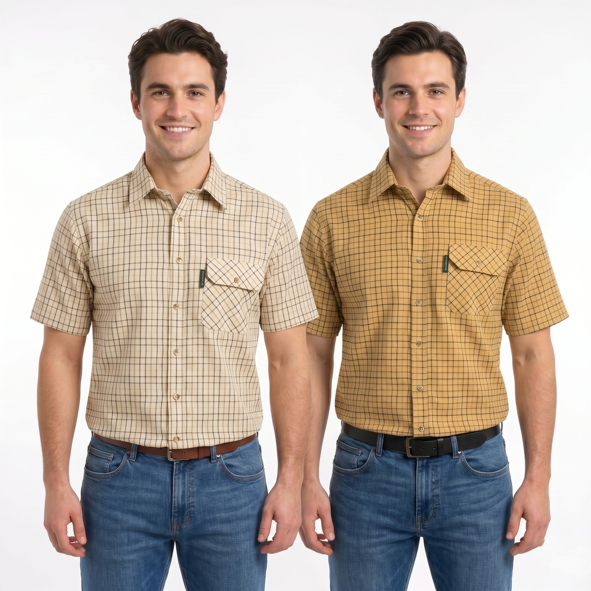 Two men wearing plaid short-sleeve shirts and jeans on a white background