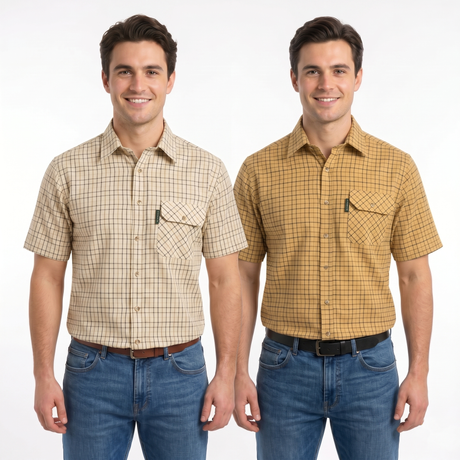 Two men wearing plaid short-sleeve shirts and jeans on a white background