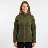 Woman wearing a green fleece jacket with a brown zipper on a white background